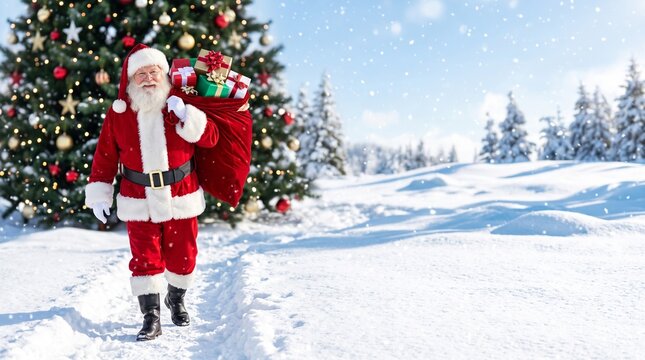 santa claus carrying sack of christmas gifts near decorated tree in snowy winter forest with joyful mood