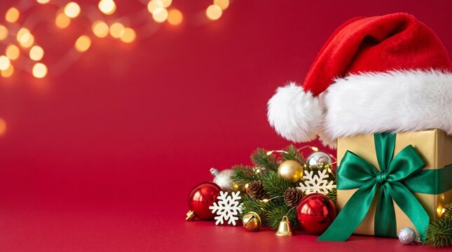 christmas gift box with green ribbon and santa hat with festive decorations on red background