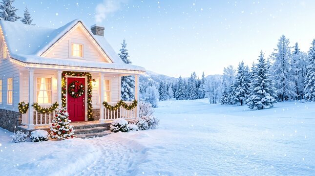 cozy winter house decorated with christmas lights and wreath in snowy landscape at dusk