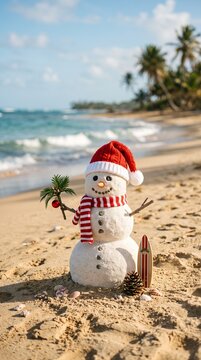 christmas snowman wearing santa hat and scarf on tropical sandy beach with palm trees and ocean waves