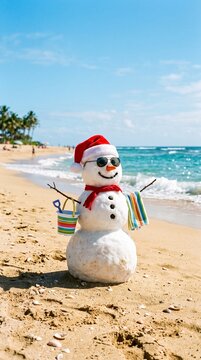christmas snowman wearing santa hat and scarf holding beach towel and bucket on tropical sandy beach with ocean waves