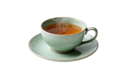 Steaming hot herbal tea in a light green ceramic cup and saucer, isolated on transparent background