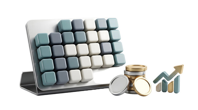 Financial growth chart concept with stacked cubes coins and rising arrow symbol against a clean isolated white background