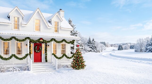 charming white house decorated with christmas wreath garlands and tree in snowy winter landscape