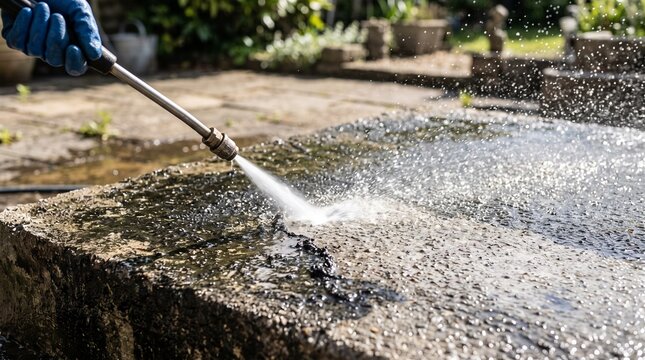 high pressure water cleaning stone surface outdoors showing maintenance and cleaning concept