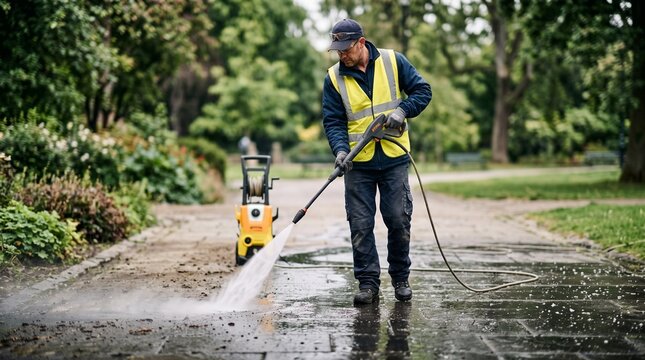 worker cleaning wet pavement with pressure washer in park during daytime in safety vest