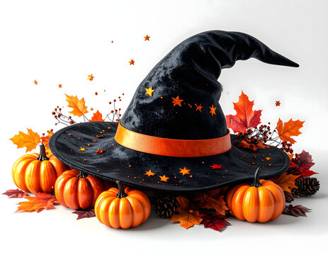 A velvety black witch's hat adorned with golden stars sits amidst a bounty of mini pumpkins and vibrant autumn leaves, evoking the enchanting spirit of Halloween.