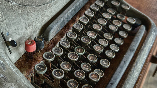 Vintage Typewriter Keyboard Close-up, Rusty Old Retro Machine Keys, Dusty Antique Writing Equipment