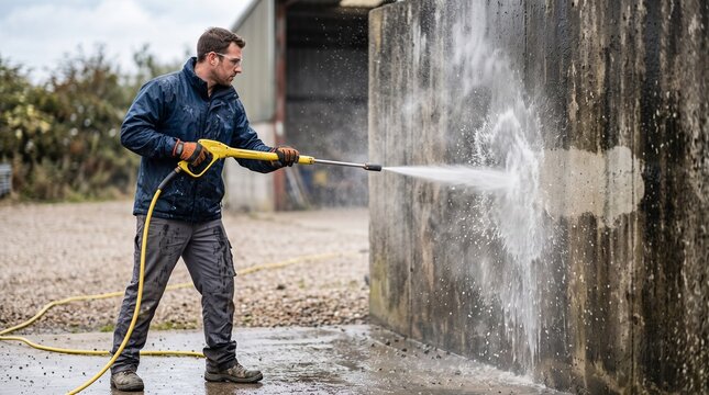man using high pressure washer to clean outdoor concrete wall in industrial area on cloudy day