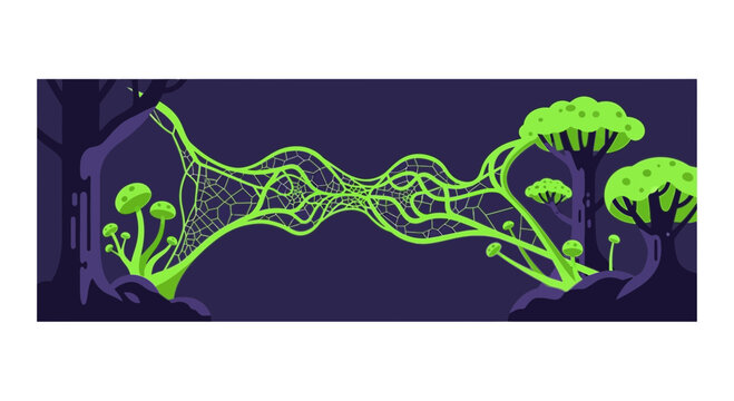 Abstract Bioluminescent Mycelium Network Connecting Forest Trees