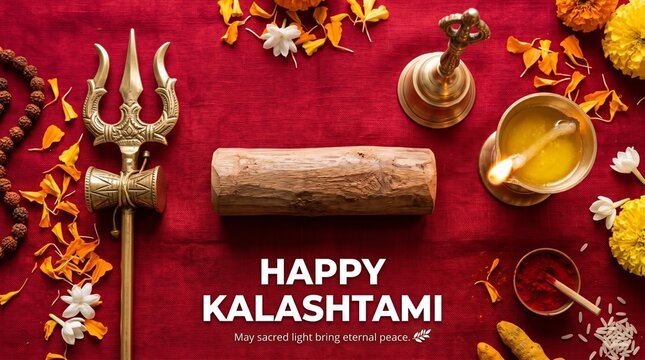 Kalashtami Festival Sacred Trishul Diya Bell Flatlay
