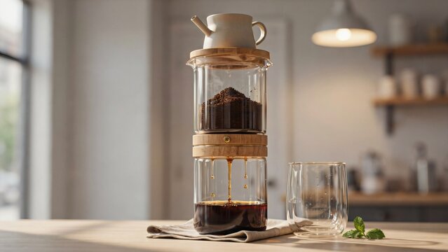 Modern glass drip coffee maker brewing dark liquid into carafe on wooden kitchen tabletop surface with coffee brewer extracting mint sprig nearby