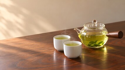 Obraz premium 耐熱ガラスの急須と白い湯呑みの煎茶 欅の座卓に置いた秋の和の暮らし