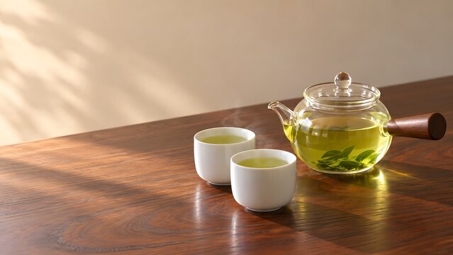 耐熱ガラスの急須と白い湯呑みの煎茶 欅の座卓に置いた秋の和の暮らし