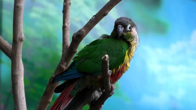 A colorful green-cheeked conure perched on a wooden branch at the zoo