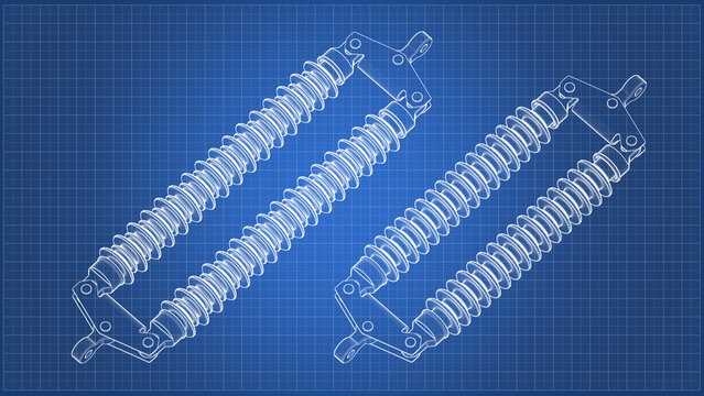 Double Suspension HV Insulator Chain. Engineering schematic Blueprint. Orthographic view - side, front views. 3D Mesh, Sketch, Vector style or Drawing. 3D rendering isolated on blue