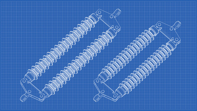 Double Suspension HV Insulator String. Engineering schematic Blueprint. Orthographic view - side, front views. 3D Mesh, Sketch, Vector style or Drawing. 3D rendering isolated on blue