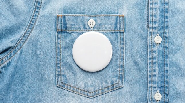 Top view mockup for design featuring a white button badge pinned on a denim shirt