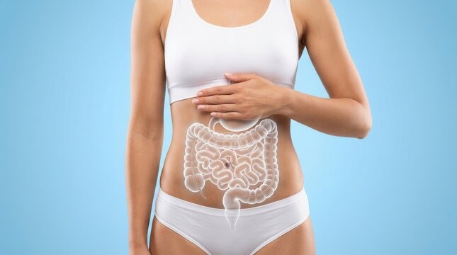 Illustration of the gastrointestinal tract on a woman with a healthy digestive system, closeup against a light blue background.