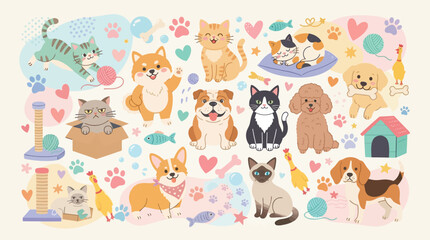 Fototapeta premium Cute Pets Collection: Cats and Dogs, Adorable Animals, Playful Friends, Kawaii Style