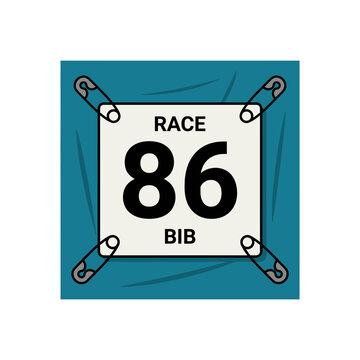 A racing bib with the number 86 and the word "RACE"