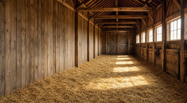 Empty wooden corridor inside winter barn with straw floor