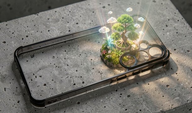 Miniature bonsai tree ecosystem inside a glowing phone case