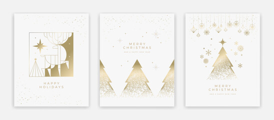 Fototapeta premium Luxury Christmas card template set - gold and white fabulous backgrounds with Christmas tree, reindeer, ornaments, star, winter landscape - vector minimal elegant design for corporate greetings
