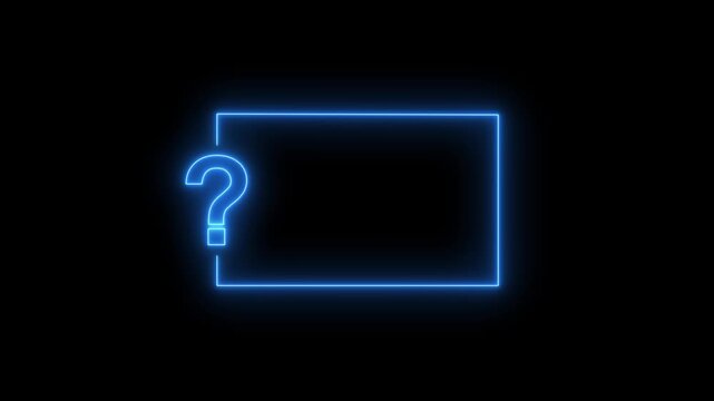 Neon Question Mark with Glowing Rectangle Frame, FAQ Help Support Interface, Information Banner, Inquiry Placeholder, Futuristic UI on Black Background .