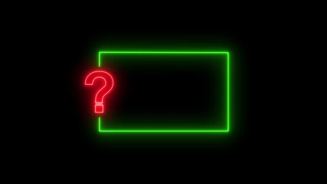 Neon Question Mark with Glowing Rectangle Frame, FAQ Help Support Interface, Information Banner, Inquiry Placeholder, Futuristic UI on Black Background .