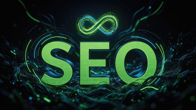 Seo text with glowing green infinity symbol, digital 3D letters on a dark background, with abstract light, streaks and fiber, optic textures