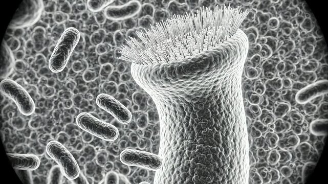Intestinal epithelial cell with several clearly visible Vibrio cholerae bacteria slowly moving nearby