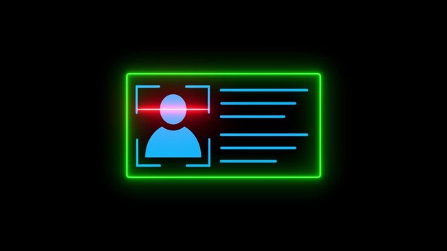 Glowing neon Identification cards, ID Card icon animation. parsons verify icon animation, profile verify account icon. profile. 4k video