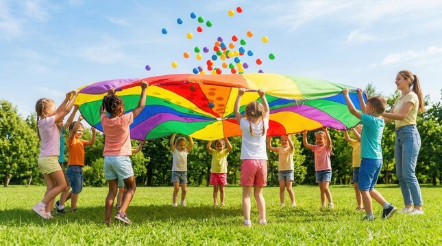 Summer camp activity featuring children and a teacher playing with a rainbow playground parachute on green grass.