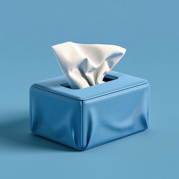 Modern square blue textured leather tissue box with one white tissue pulled out on plain light blue background stylish contemporary home bathroom decor product concept