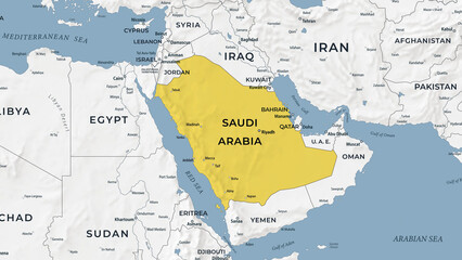 Saudi Arabia Highlighted on Light Geographic Map of the Middle East © Porcupen