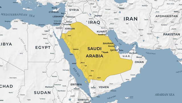 Saudi Arabia Highlighted on Light Geographic Map of the Middle East