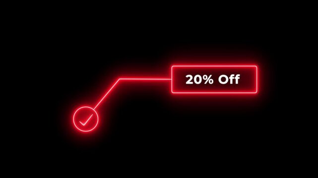 20% off sale animation. Neon speech bubble line 20 percent off sale glowing animation black background 4k video.