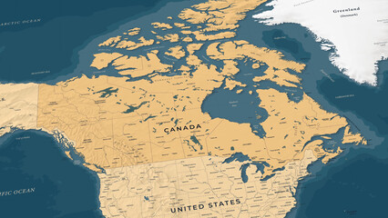 Detailed Geographic Map of Canada and North America, Dark Blue Style © Porcupen