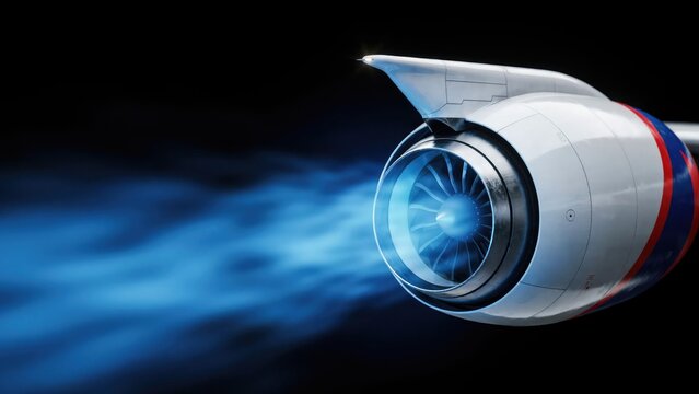 Close-up of a jet engine turbine in flight, emitting a bright blue exhaust flame against a solid black background