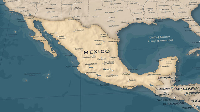 Detailed Geographic Map of Mexico and North America, Beige and Blue Style