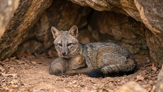 crab eating fox with little one in a cave close up in pantanal brazil video