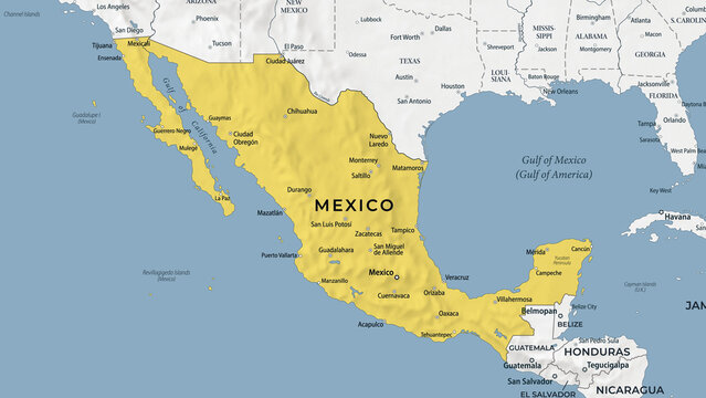 Mexico Highlighted on Light Geographic Map of North America