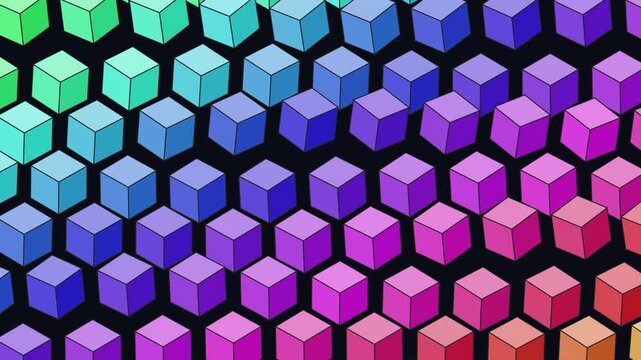 Isometric colorful cubes moving in a rainbow gradient pattern loop