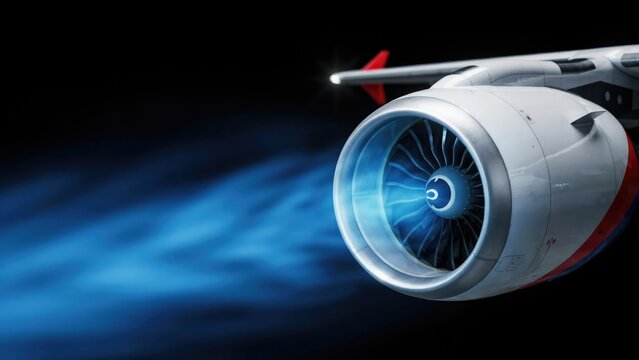 Close-up of a white jet engine turbine with glowing blue exhaust flames against a dark black background, aviation technology detail