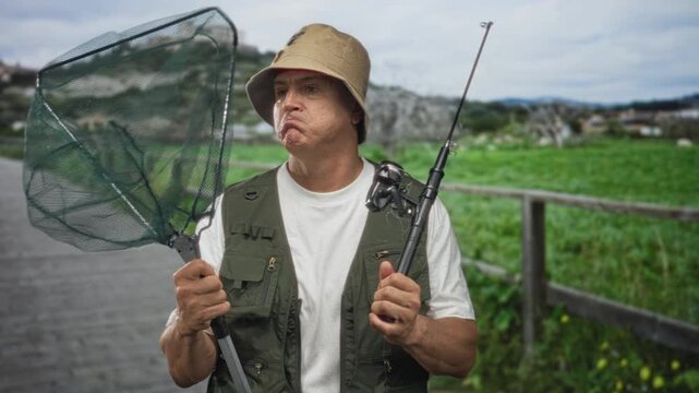 Man holding fishing net and rod, pouting lips and gripping pole on a wooden boardwalk forest; frustration patience.