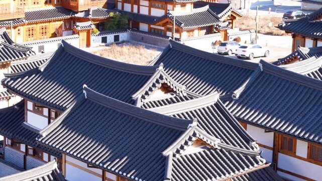 Traditional Korean hanok rooftops in South Korea