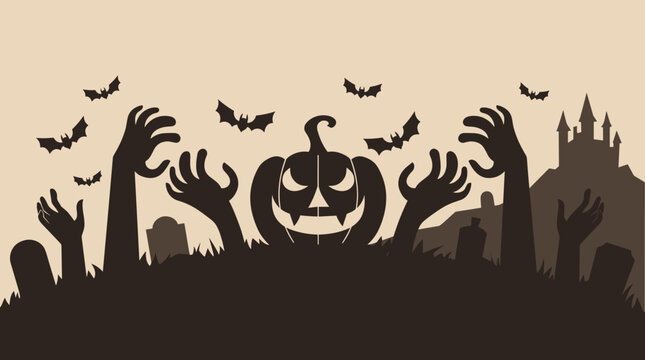 Halloween Flat Vector Banner Featuring Spooky Graveyard Silhouette with Carved Jack-o'-lantern, Reaching Zombie Hands, Flying Bats, Tombstones, and Haunted Castle on a Hillside.