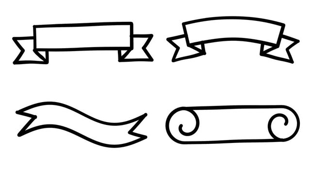 Blank ribbon banners for headlines in black pen outline on white, classic folded, arched, wavy and curled end ribbons drawn in sequence with empty text space
