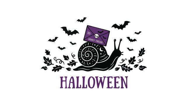 Cute snail carrying spooky letter surrounded by flying bats and autumn leaves for halloween celebration greeting card design